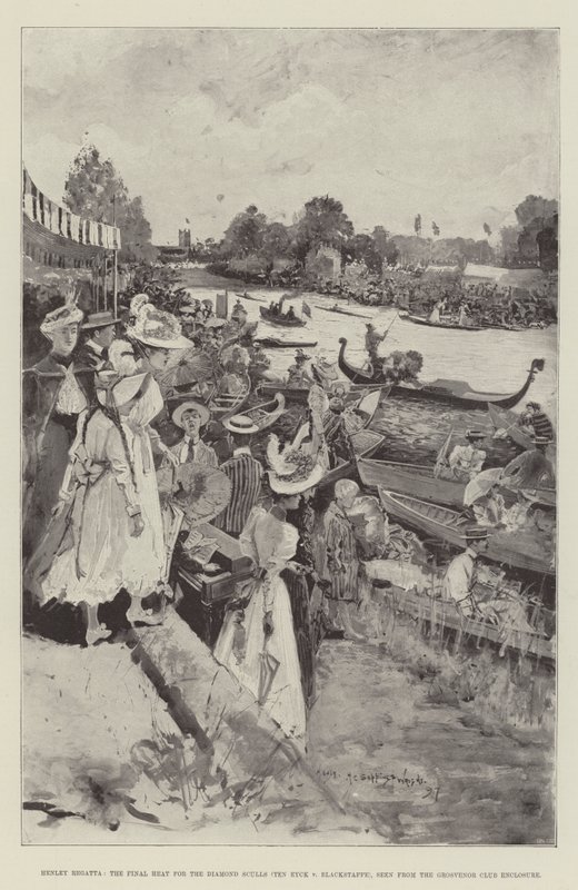Henley Regatta, finałowa fala diamentowych czaszek (Ten Eyck v Blackstaffe), widziana z pomieszczenia Grosvenor Club autorstwa Henry Charles Seppings Wright