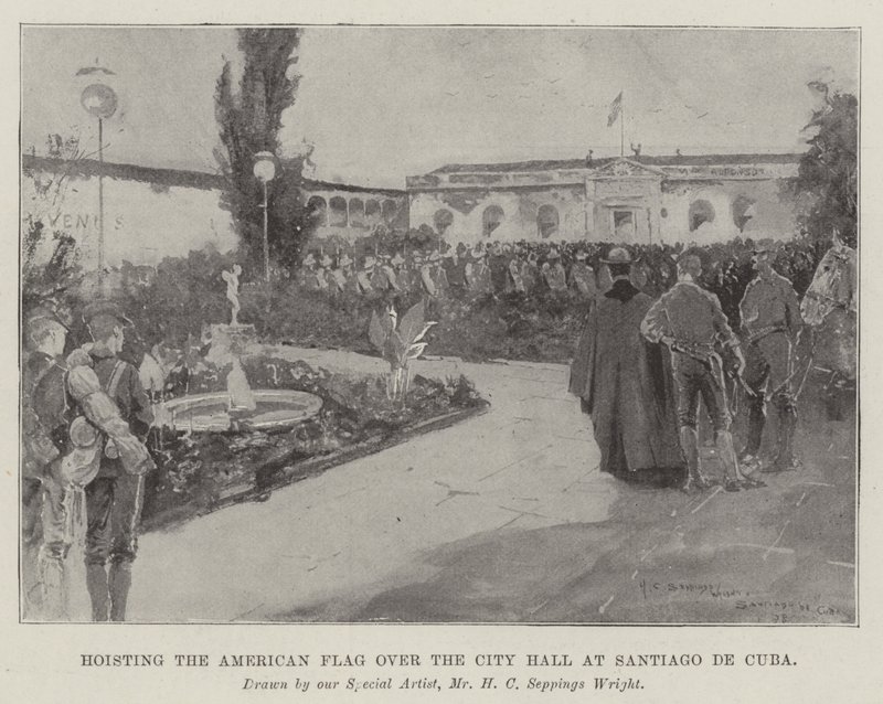 Wywieszanie amerykańskiej flagi nad ratuszem w Santiago de Cuba autorstwa Henry Charles Seppings Wright