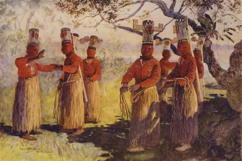Zamaskowani tancerze Opainy, rzeka Apaporis, Brazylia autorstwa Henry Charles Seppings Wright