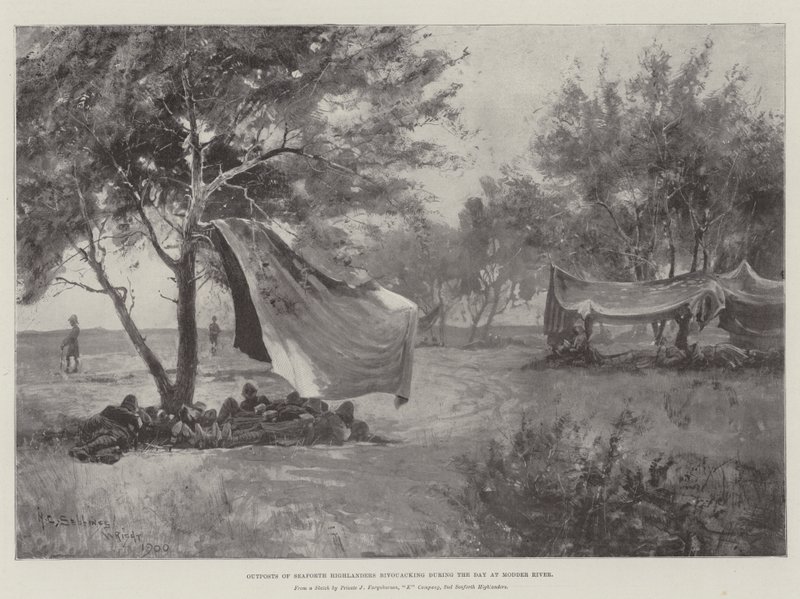 Posterunki górali Seaforth biwakujące w ciągu dnia nad Modder River autorstwa Henry Charles Seppings Wright