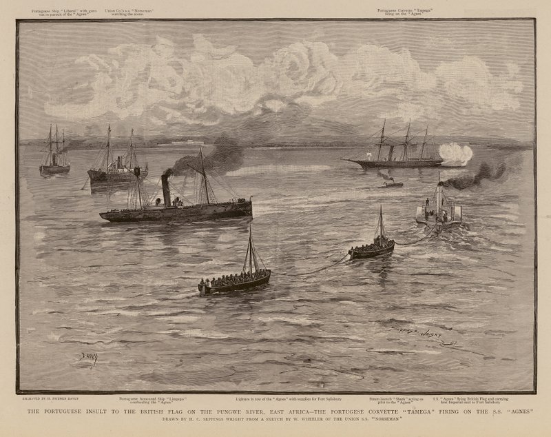 Portugalska korweta Tamega ostrzeliwująca SS Agnes, rzeka Pungwe, Afryka Wschodnia (rycina) autorstwa Henry Charles Seppings Wright