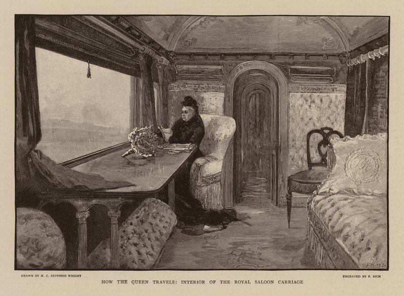 Królowa Wiktoria w wagonie kolejowym Royal Saloon (rycina) autorstwa Henry Charles Seppings Wright