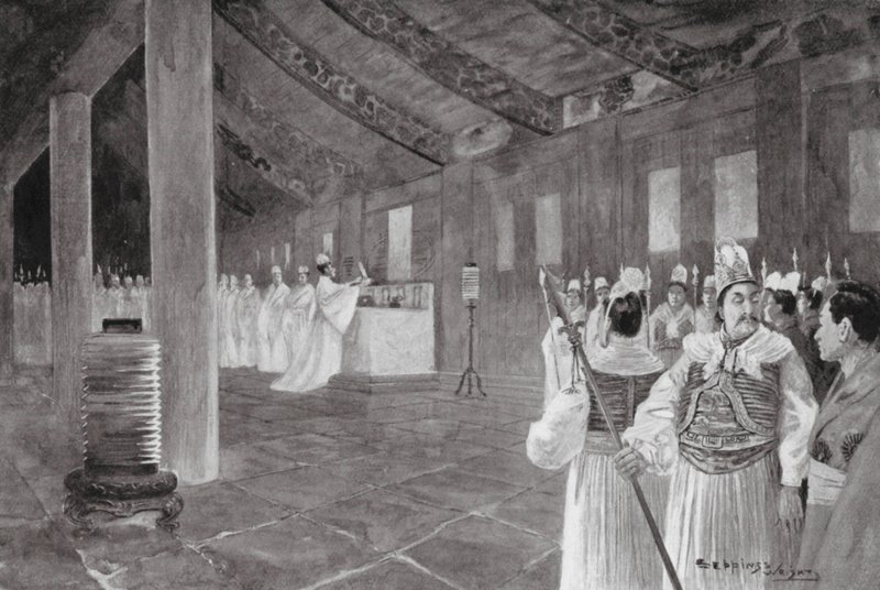 Usuwanie tablicy ze świątyni konfucjańskiej (litografia) autorstwa Henry Charles Seppings Wright