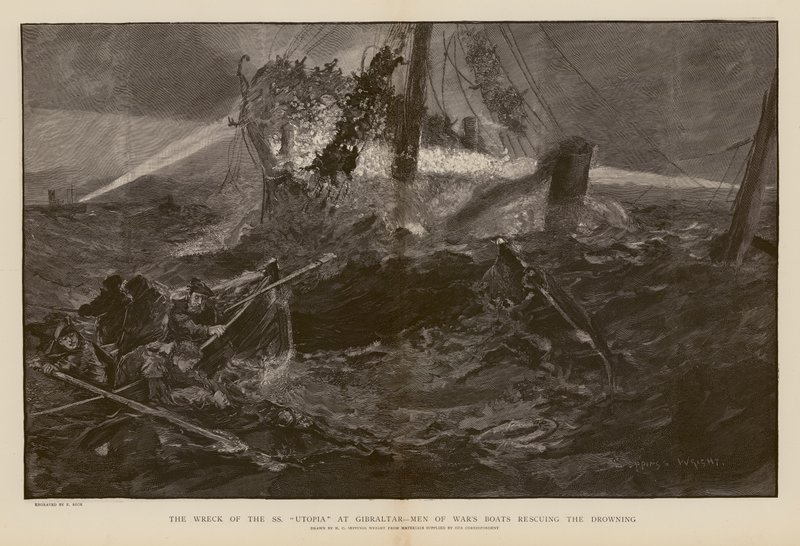 Ratowanie tonących podczas katastrofy SS Utopia w Gibraltarze (rycina) autorstwa Henry Charles Seppings Wright