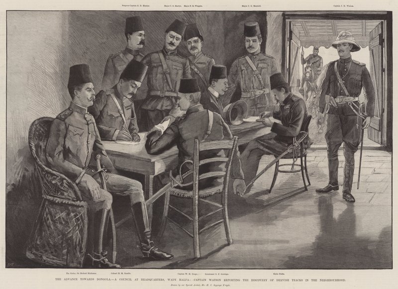 Posuwanie się w kierunku Dongoli, rada w kwaterze głównej, Wady Halfa, kapitan Watson donosi o odkryciu śladów derwiszów w okolicy autorstwa Henry Charles Seppings Wright