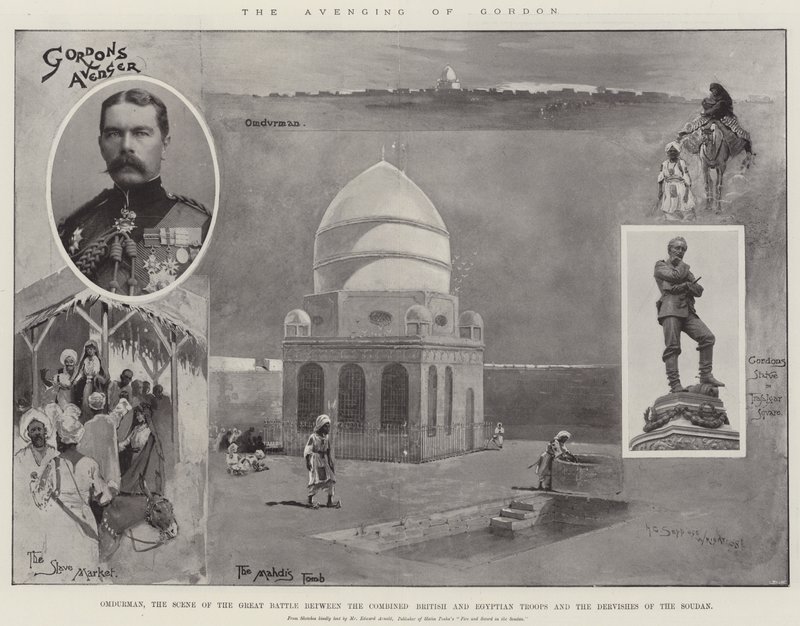 Zemsta Gordona, Omdurman, scena wielkiej bitwy pomiędzy połączonymi wojskami brytyjskimi i egipskimi a derwiszami z Sudanu autorstwa Henry Charles Seppings Wright