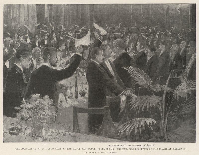 Bankiet na cześć M Santosa Dumonta w hotelu Metropole, 25 listopada, Entuzjastyczne przyjęcie brazylijskiego aeronauty autorstwa Henry Charles Seppings Wright