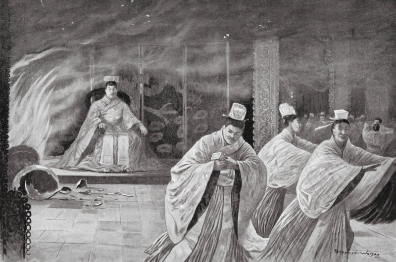 Cesarz pali się w swoim pałacu (litografia) autorstwa Henry Charles Seppings Wright