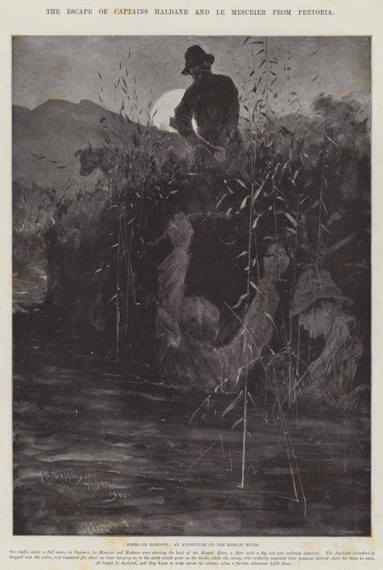 Ucieczka kapitanów Haldane i Le Mesurier z Pretorii autorstwa Henry Charles Seppings Wright