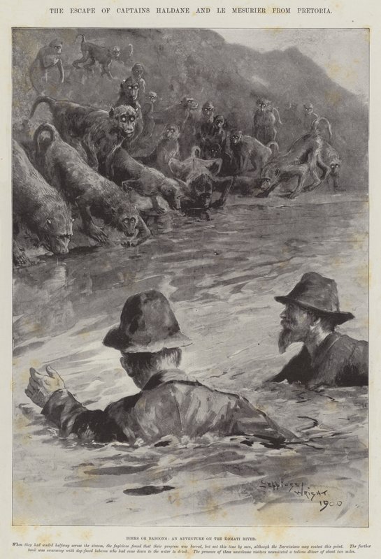Ucieczka kapitanów Haldane i Le Mesurier z Pretorii autorstwa Henry Charles Seppings Wright