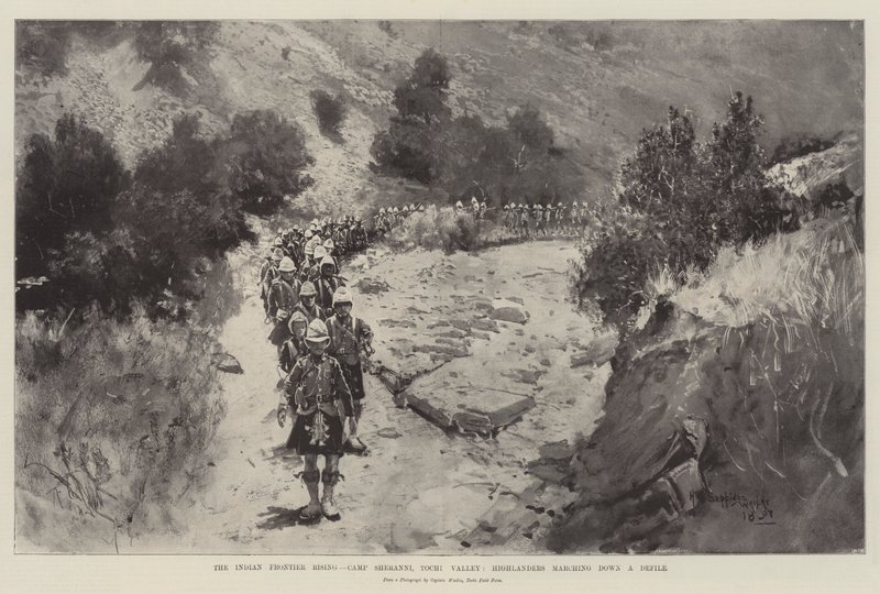 Indian Frontier Rising, Obóz Sheranni, Dolina Tochi, Górale maszerujący Defile autorstwa Henry Charles Seppings Wright