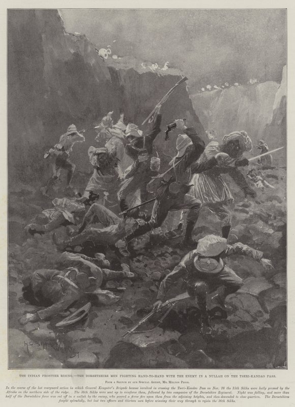 Indian Frontier Rising, Dorsetshire Men walczący Wręcz z Wrogiem w Nullah na Przełęczy Tseri-Kandao autorstwa Henry Charles Seppings Wright