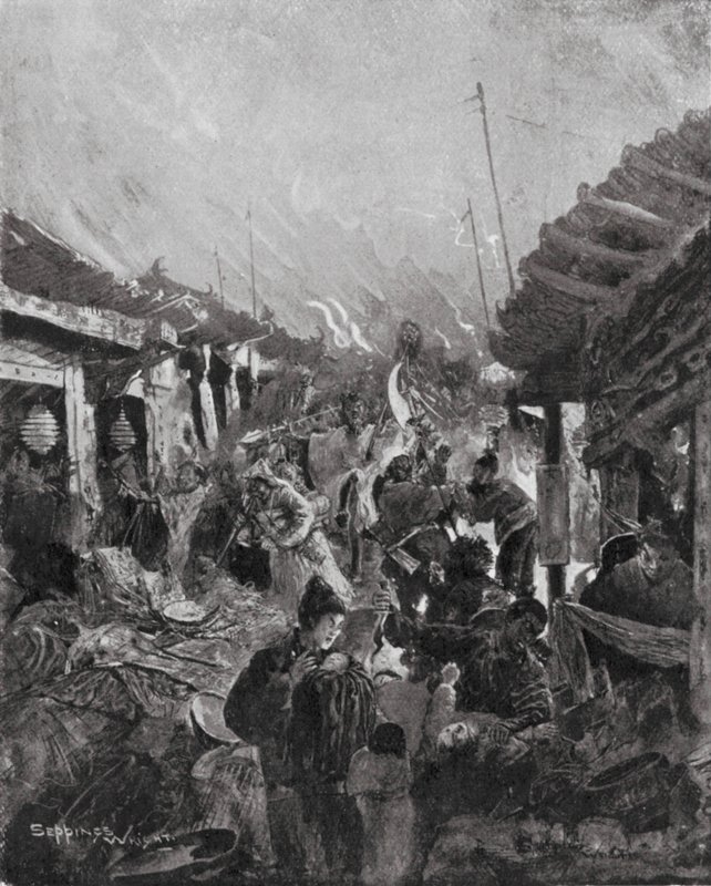 Grabież Pekinu przez rebeliantów Li (litografia) autorstwa Henry Charles Seppings Wright