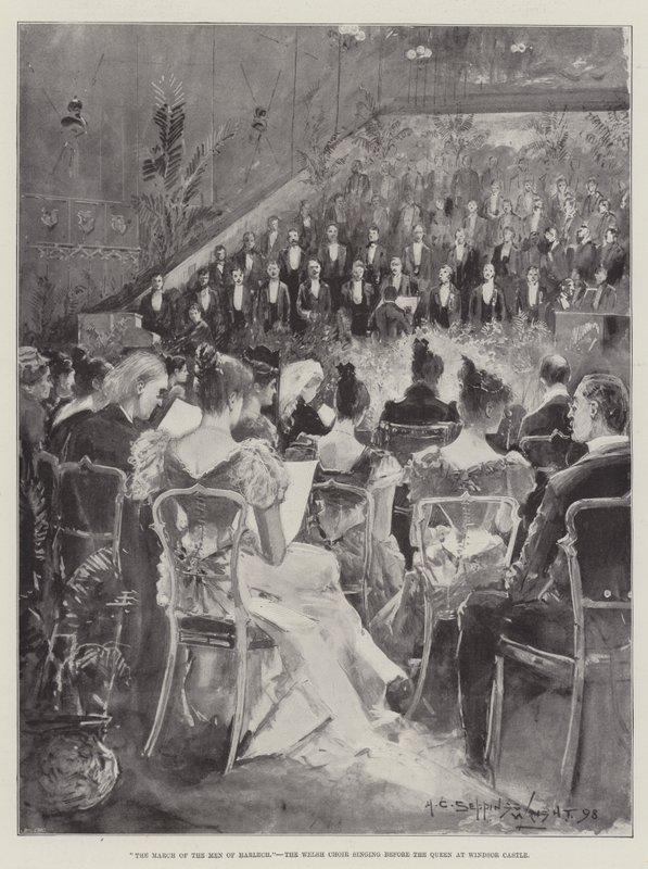 Marsz mężczyzn z Harlech, walijski chór śpiewający przed królową na zamku Windsor autorstwa Henry Charles Seppings Wright