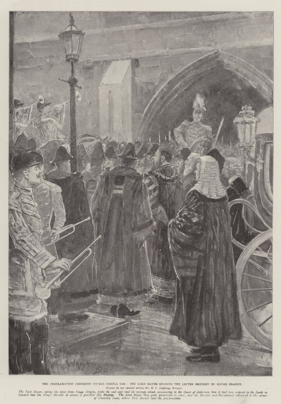 Ceremonia proklamacji w Temple Bar, Lord Burmistrz czytający List przyniesiony przez Rouge Dragon autorstwa Henry Charles Seppings Wright