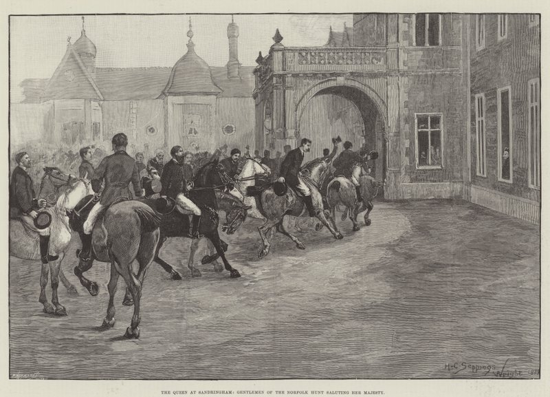 Królowa w Sandringham, panowie z Norfolk Hunt pozdrawiają Jej Wysokość autorstwa Henry Charles Seppings Wright