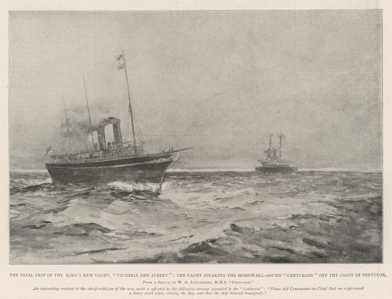 Wyprawa próbna nowego jachtu króla, Victorii i Alberta, jachtu przemawiającego jako centurion wracający do domu u wybrzeży Portugalii autorstwa Henry Charles Seppings Wright