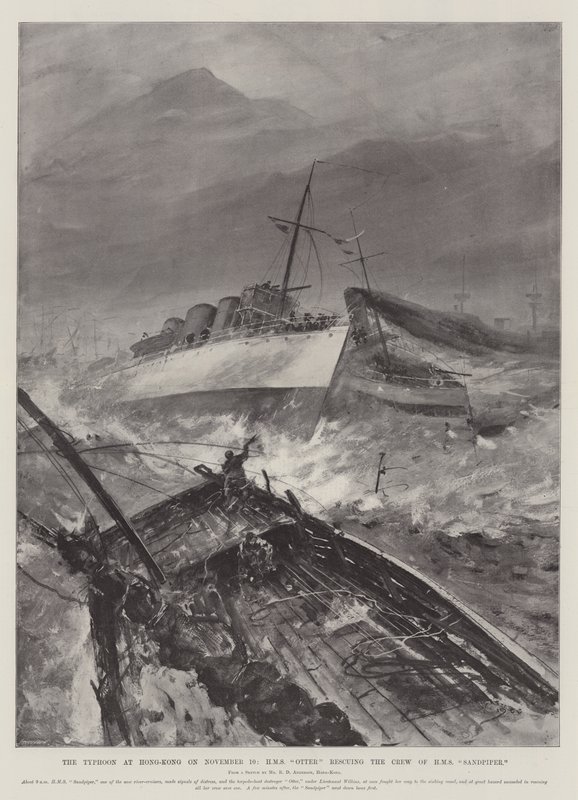 Tajfun w Hong-Kongu 10 listopada, HMS Otter ratuje załogę HMS Sandpiper autorstwa Henry Charles Seppings Wright
