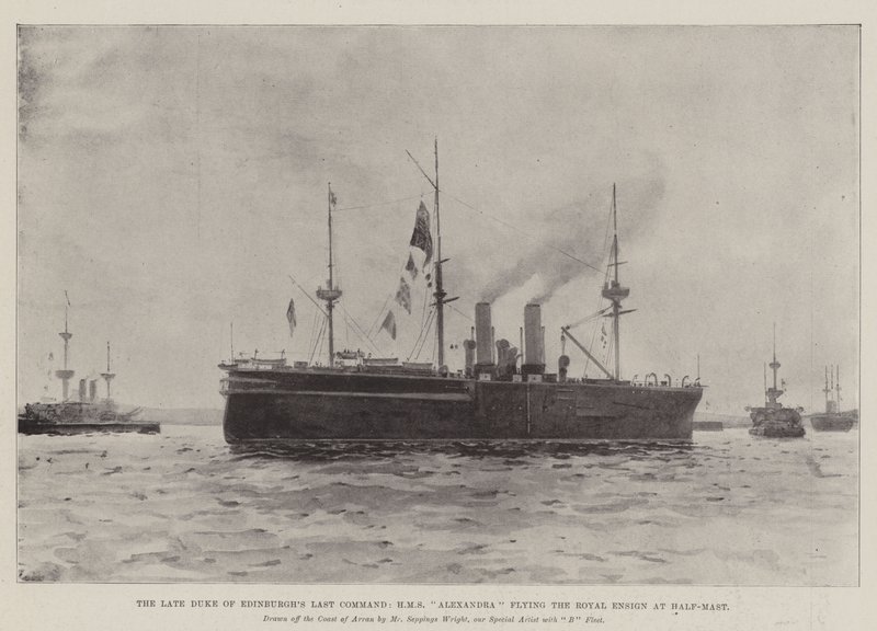 Nieżyjący już książę Edynburga, HMS Alexandra, lecący na Royal Ensign na Half-Mast autorstwa Henry Charles Seppings Wright