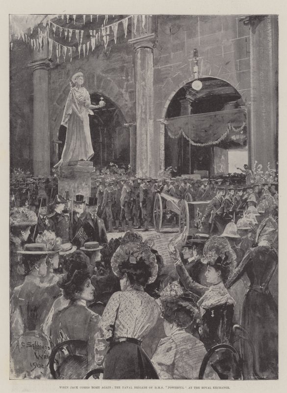Kiedy Jack wraca do domu, Brygada Marynarki Wojennej HMS Potężna na Królewskiej Giełdzie autorstwa Henry Charles Seppings Wright
