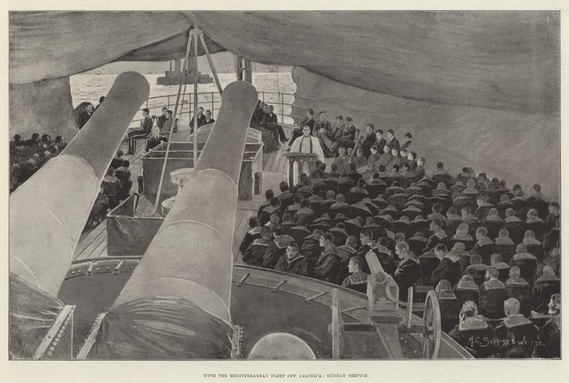 Z flotą śródziemnomorską poza Saloniką, niedzielne nabożeństwo autorstwa Henry Charles Seppings Wright