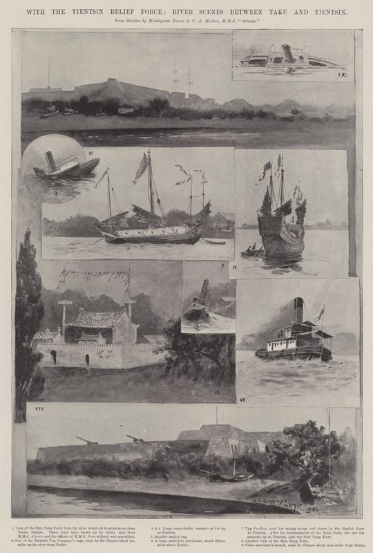 Z Siłą Pomocy Tientsin, sceny rzeczne między Taku i Tientsin autorstwa Henry Charles Seppings Wright