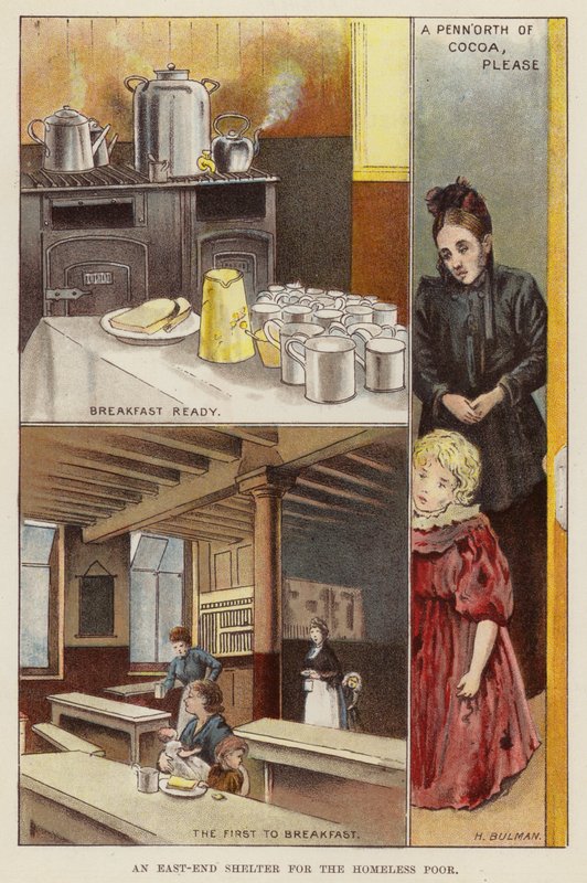 Schronisko dla bezdomnych biednych na East End w Londynie, koniec XIX wieku (chromolitho) autorstwa Henry Herbert Bulman