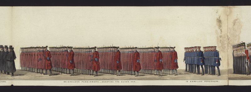 Część panoramicznego widoku całego konduktu pogrzebowego Artura, księcia Wellington (kolorowa akwatinta) autorstwa Henry Jr and Sala Alken