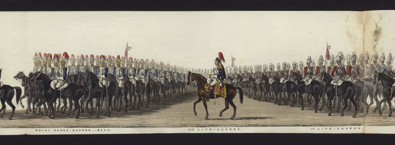 Część panoramicznego widoku całego konduktu pogrzebowego Artura, księcia Wellington (kolorowa akwatinta) autorstwa Henry Jr and Sala Alken