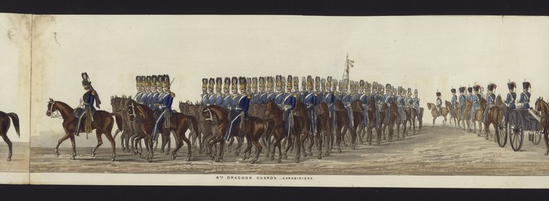 Część panoramicznego widoku całego konduktu pogrzebowego Artura, księcia Wellington (kolorowa akwatinta) autorstwa Henry Jr and Sala Alken