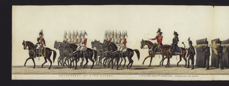 Część panoramicznego widoku całego konduktu pogrzebowego Artura, księcia Wellington (kolorowa akwatinta) autorstwa Henry Jr and Sala Alken