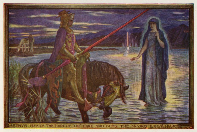 Artur spotyka Panią Jeziora i otrzymuje miecz Excalibur (kolor lito) autorstwa Henry Justice Ford