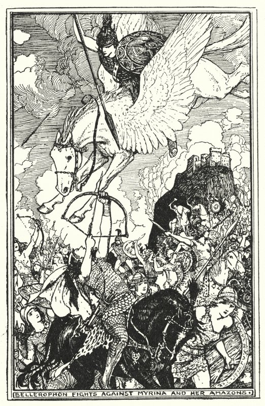 Bellerophon walczy z Myriną i jej Amazonkami (lito) autorstwa Henry Justice Ford