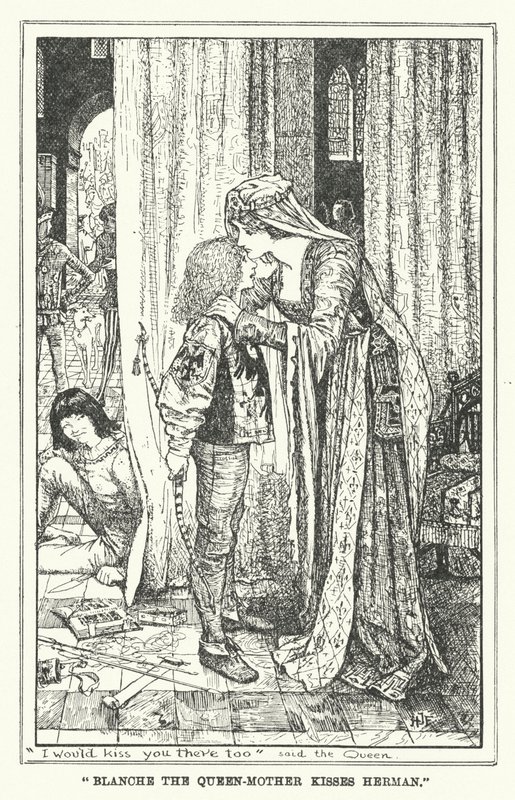 „Blanche królowa-matka całuje Hermana” (lito) autorstwa Henry Justice Ford