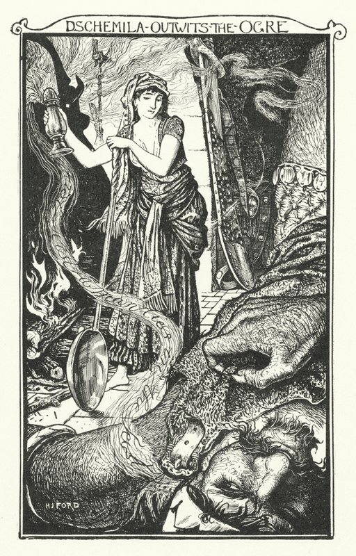Dschemila przechytrza ogra (rycina) autorstwa Henry Justice Ford