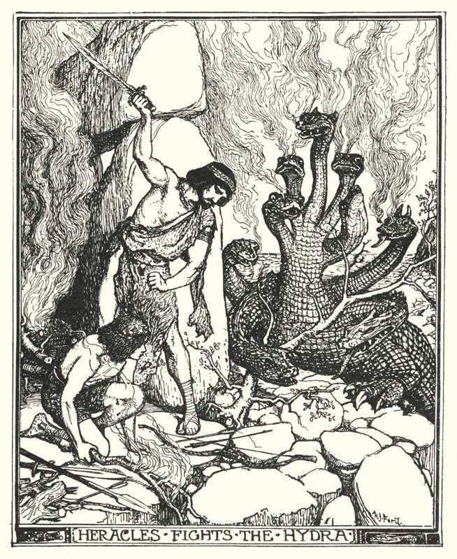 Herakles walczy z Hydrą (lito) autorstwa Henry Justice Ford