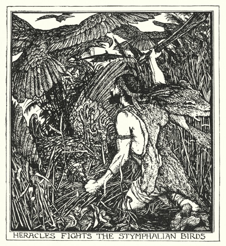 Herakles walczy ze stymfalijskimi ptakami (litos) autorstwa Henry Justice Ford