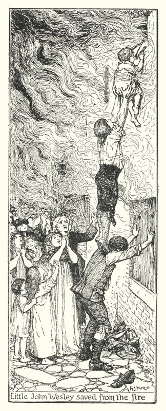 Mały John Wesley uratowany z pożaru (lito) autorstwa Henry Justice Ford