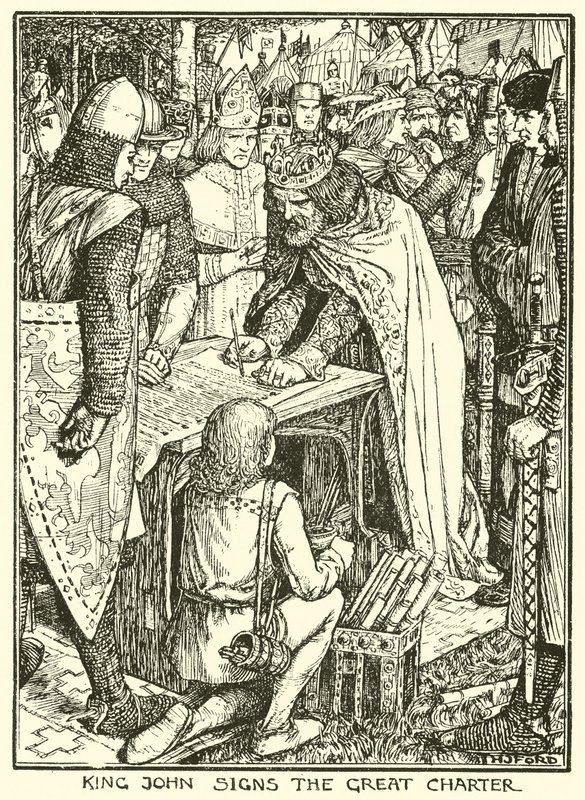 Magna Carta. Król Jan podpisuje Wielką Kartę (rycina) autorstwa Henry Justice Ford