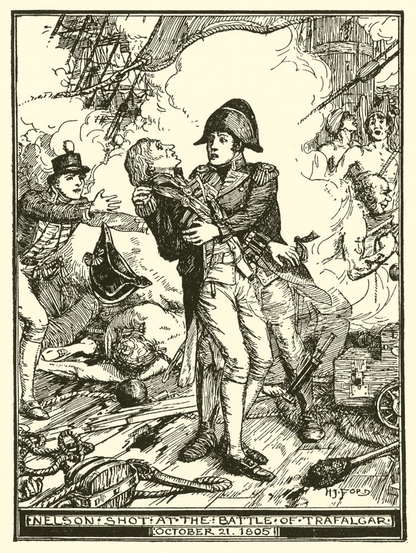 Nelson zastrzelony w bitwie pod Trafalgarem, 21 października 1805 r autorstwa Henry Justice Ford