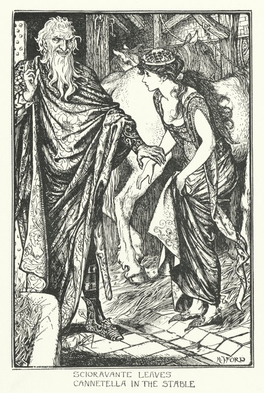 Scioravante pozostawia Cannetella w stajni (grawerunek) autorstwa Henry Justice Ford