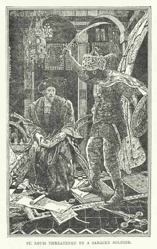 St Louis zagrożony przez żołnierza saraceńskiego (lito) autorstwa Henry Justice Ford