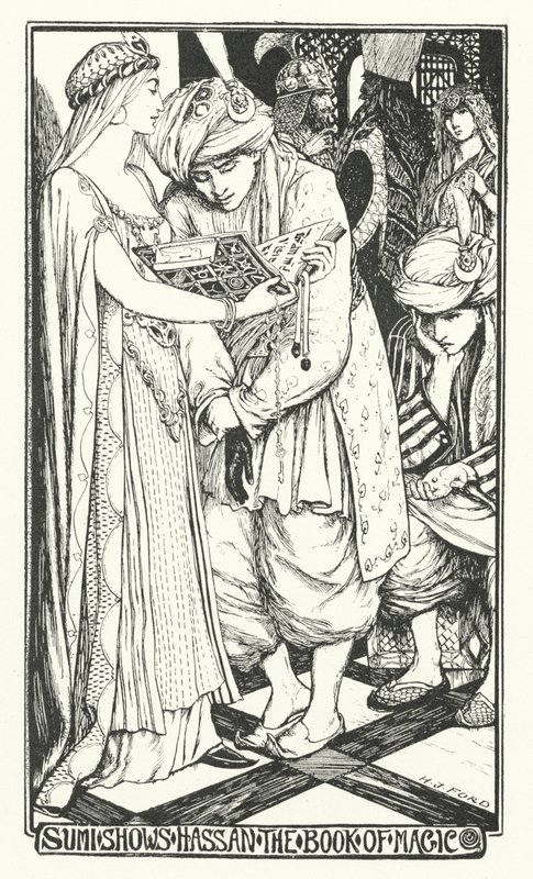 Sumi pokazuje Hassanowi Księgę Magii (rycina) autorstwa Henry Justice Ford