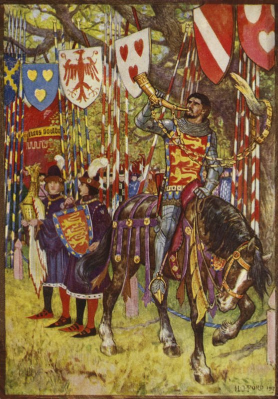 Hrabia Huntingdon dmucha w złoty róg. autorstwa Henry Justice Ford