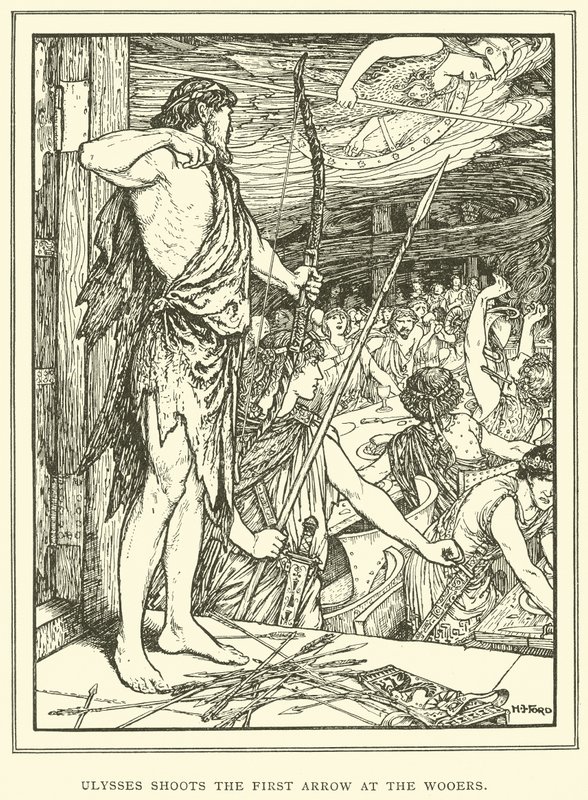 Ulisses wystrzeliwuje pierwszą strzałę w Wooers autorstwa Henry Justice Ford