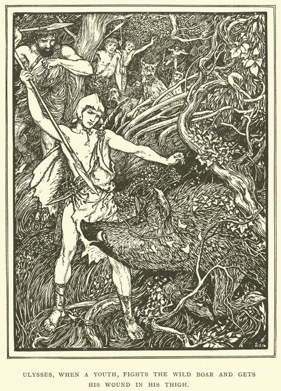 Odyseusz, kiedy był młody, walczy z dzikiem i dostaje ranę w udo. autorstwa Henry Justice Ford