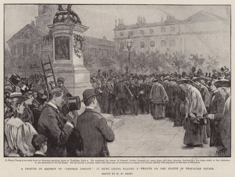 Hołd dla chińskiego Gordona, Li Hung Chang składa wieniec na posągu na Trafalgar Square autorstwa Henry Marriott Paget