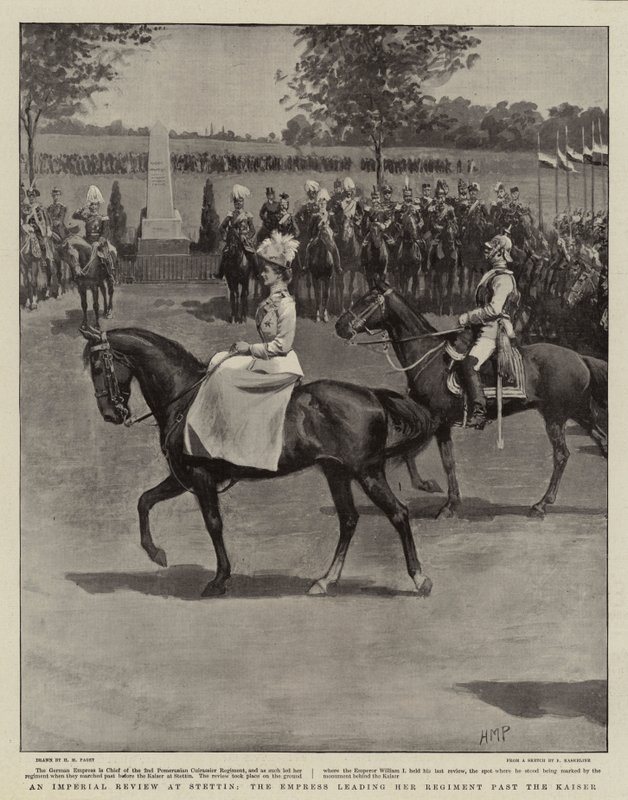 Przegląd cesarski w Szczecinie, cesarzowa prowadzi swój regiment przed cesarzem autorstwa Henry Marriott Paget