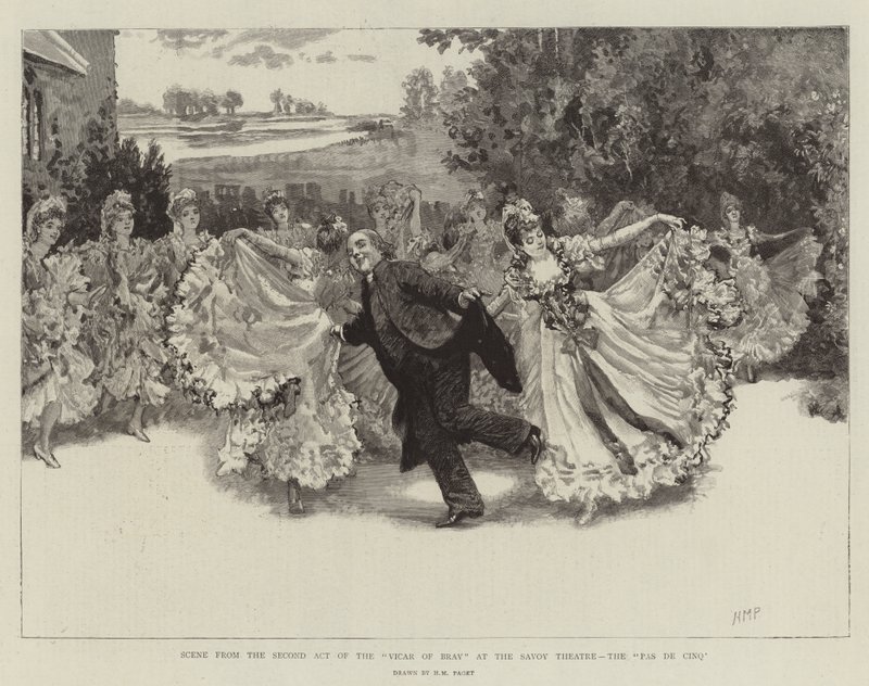 Scena z drugiego aktu wikariusza Bray w teatrze Savoy, Pas de Cinq autorstwa Henry Marriott Paget