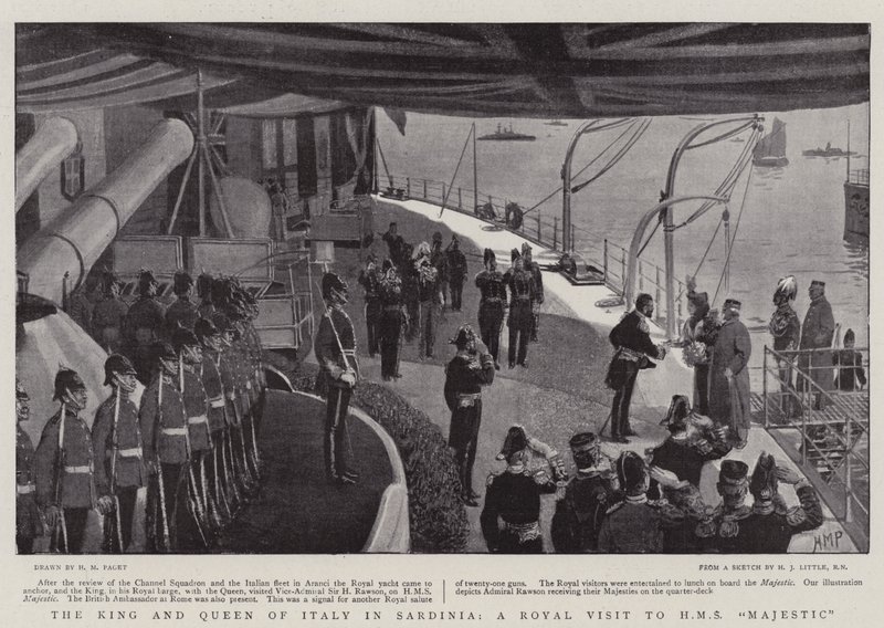 Król i Królowa Włoch na Sardynii, królewska wizyta na HMS Majestic autorstwa Henry Marriott Paget